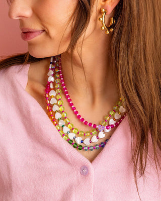 Beaded Necklace - Green + Pink Glass Beads - Kenzie