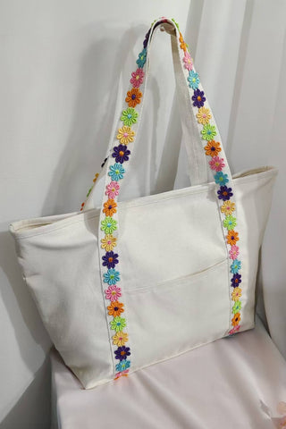 66 Colorful Ricrac-Trimmed Canvas Everyday Tote Bag: Beige / One Size