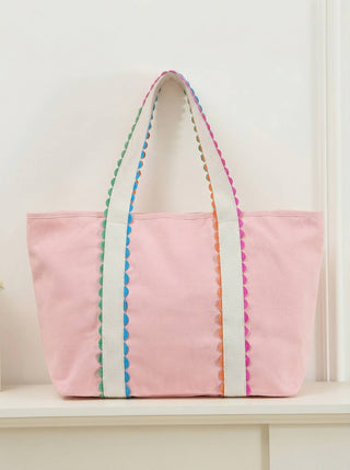 66 Colorful Ricrac-Trimmed Canvas Everyday Tote Bag: Beige / One Size