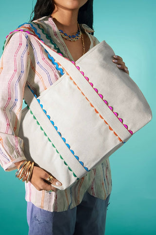 66 Colorful Ricrac-Trimmed Canvas Everyday Tote Bag: Beige / One Size