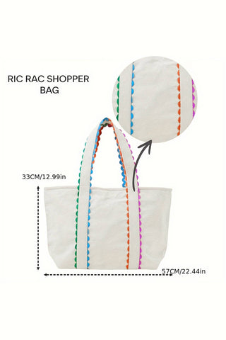 66 Colorful Ricrac-Trimmed Canvas Everyday Tote Bag: Beige / One Size