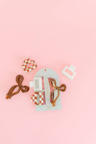 Mocha Bow and Checkered Claw Hair Clip Set