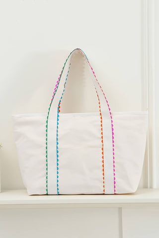 66 Colorful Ricrac-Trimmed Canvas Everyday Tote Bag: Beige / One Size