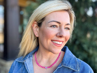 Beaded Necklace - Pink Beads w/ Purple Opal Heart - Karley