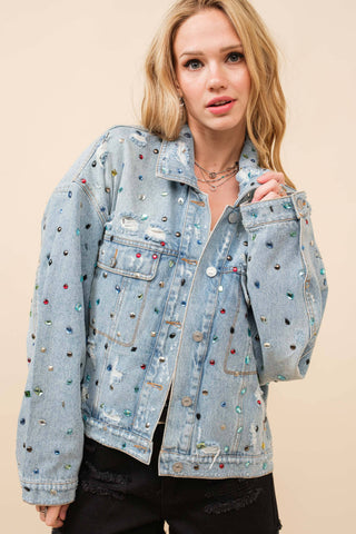 23033J - Distressed Jewel Embellish Stone Denim Jacket: LT WASH / SM - ML (3-3)