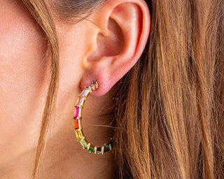Hoop Earrings - Large - Gold-Plated w/ Colorful Gems - Reese