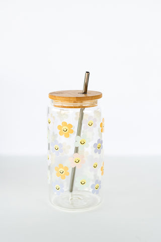 Oh Happy Day Iced Coffee Glass Can with Lid + Straw