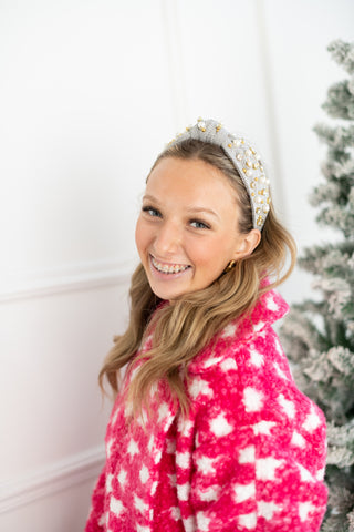 Plaid Knot Jeweled Headband - Light Gray