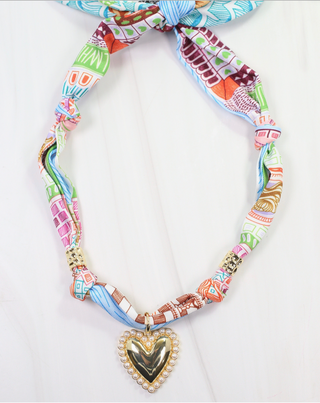 Millie Heart Charm Scarf Necklace - Orange & Blue