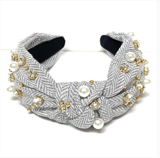 Plaid Knot Jeweled Headband - Light Gray