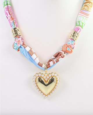 Millie Heart Charm Scarf Necklace - Orange & Blue