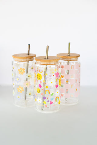 Oh Happy Day Iced Coffee Glass Can with Lid + Straw