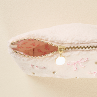 Sherpa Teddy Pouch with Pink Bows