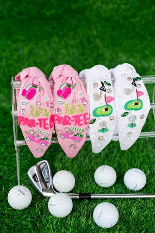 Golf Themed White Jeweled Embellished Knotted Headband