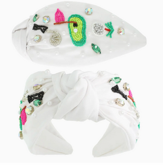 Golf Themed White Jeweled Embellished Knotted Headband
