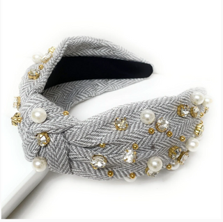Plaid Knot Jeweled Headband - Light Gray