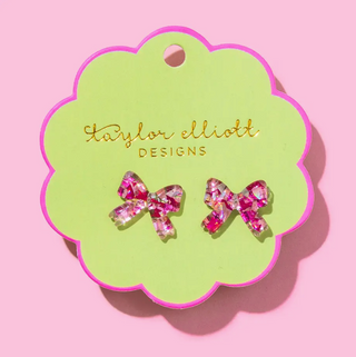 XOXO Pink Confetti Bow Acrylic Earrings
