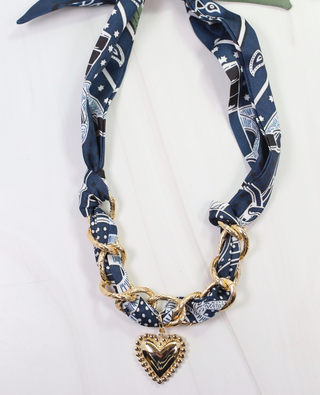 Navy - Sutton Scarf Charm Necklace with Gold Slider Accents