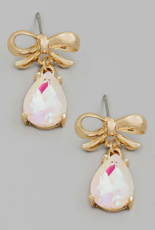 Mini Bow Iridescent Crystal Teardrop Earrings