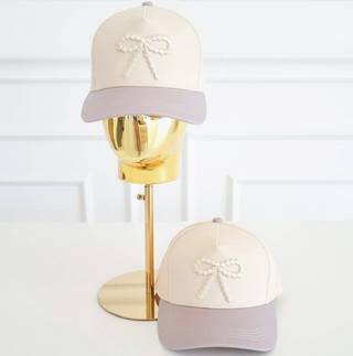 Pearl  Bow - Cream and Gray Baseball Hat
