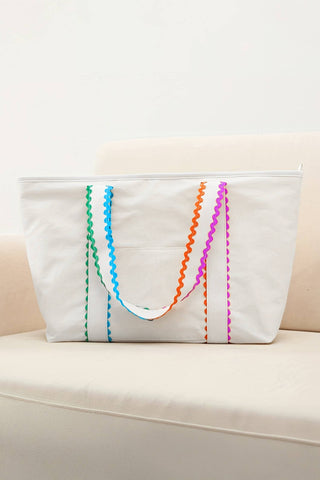 66 Colorful Ricrac-Trimmed Canvas Everyday Tote Bag: Beige / One Size