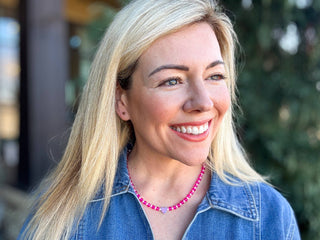 Beaded Necklace - Pink Beads w/ Purple Opal Heart - Karley