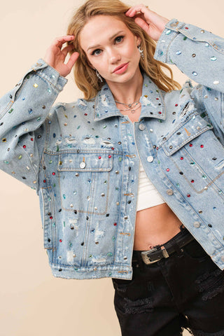 23033J - Distressed Jewel Embellish Stone Denim Jacket: LT WASH / SM - ML (3-3)