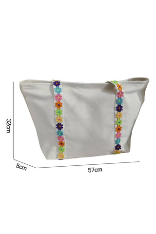 66 Colorful Ricrac-Trimmed Canvas Everyday Tote Bag: Beige / One Size
