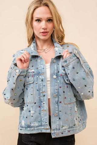 23033J - Distressed Jewel Embellish Stone Denim Jacket: LT WASH / SM - ML (3-3)
