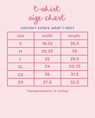 T-shirt size chart with measurements on a pink background