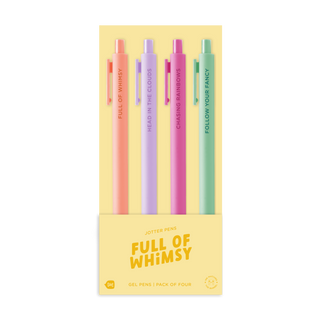 A pack of four pastel gel pens in a yellow cardboard sleeve. The pens are peach, lavender, magenta, and mint green, each with a vertical text design on the barrel. Southern Quirks Gifts & Goods