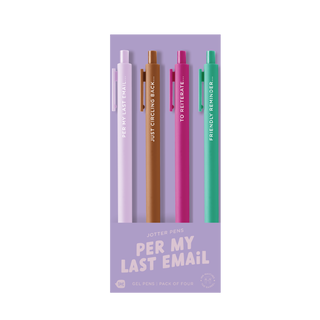 Set of four colorful pens in packaging with text on a white background - Southern Quirks Gifts & Goods