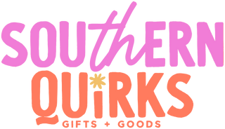 Logo of Southern Quirks with pink and orange text on a white background
