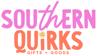 Logo of Southern Quirks with pink and orange text on a white background