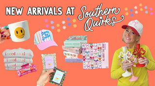 New arrivals at Southern Quirks Gifts and Goods — colorful smiley face mug, trucker hats, bow puzzle, glitter hair clips, statement jewelry, and fun Southern gifts
Oklahoma City gift shop