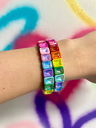 Rainbow gemstone stretchy bracelet is sparkly, fun and brightens up any outfit. Available at Southern Quirks gifts and goods.