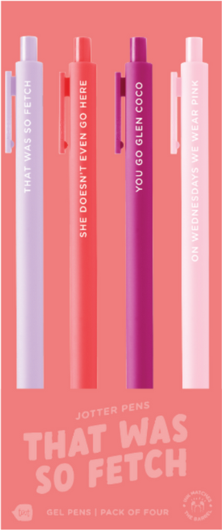 Four pens with text on a pink background, labeled 'Jotter Pens'. Mean girls themed pens - located at Southern Quirks Gifts & Goods