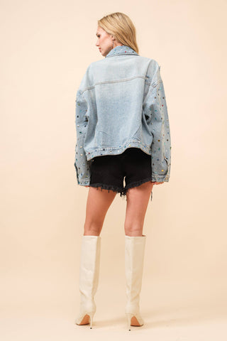 23033J - Distressed Jewel Embellish Stone Denim Jacket: LT WASH / SM - ML (3-3)