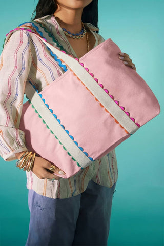 66 Colorful Ricrac-Trimmed Canvas Everyday Tote Bag: Beige / One Size