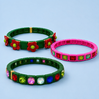 Enamel Stretch Bracelets - Holiday - Asst Styles: Pink + Green - Sophie