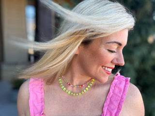 Beaded Necklace - Green + Pink Glass Beads - Kenzie