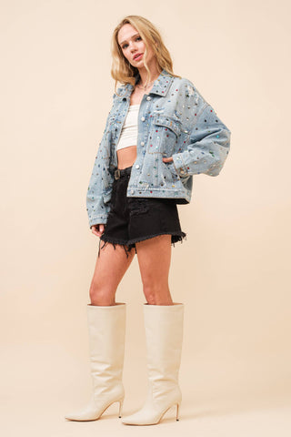 23033J - Distressed Jewel Embellish Stone Denim Jacket: LT WASH / SM - ML (3-3)
