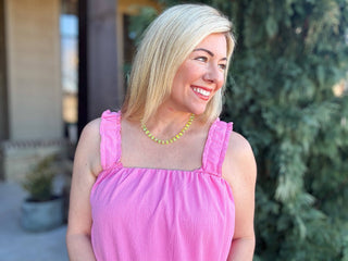 Beaded Necklace - Green + Pink Glass Beads - Kenzie