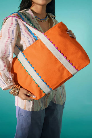 66 Colorful Ricrac-Trimmed Canvas Everyday Tote Bag: Beige / One Size