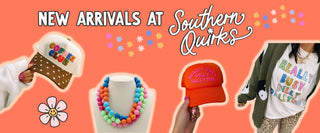 Promotional banner for Southern Quilts with colorful products and text on a pink background