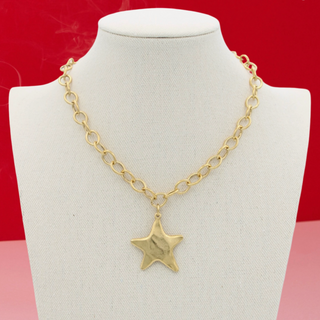 gold star necklace and chain on display bust