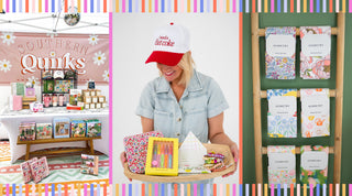Woman holding a tray of products with a colorful background